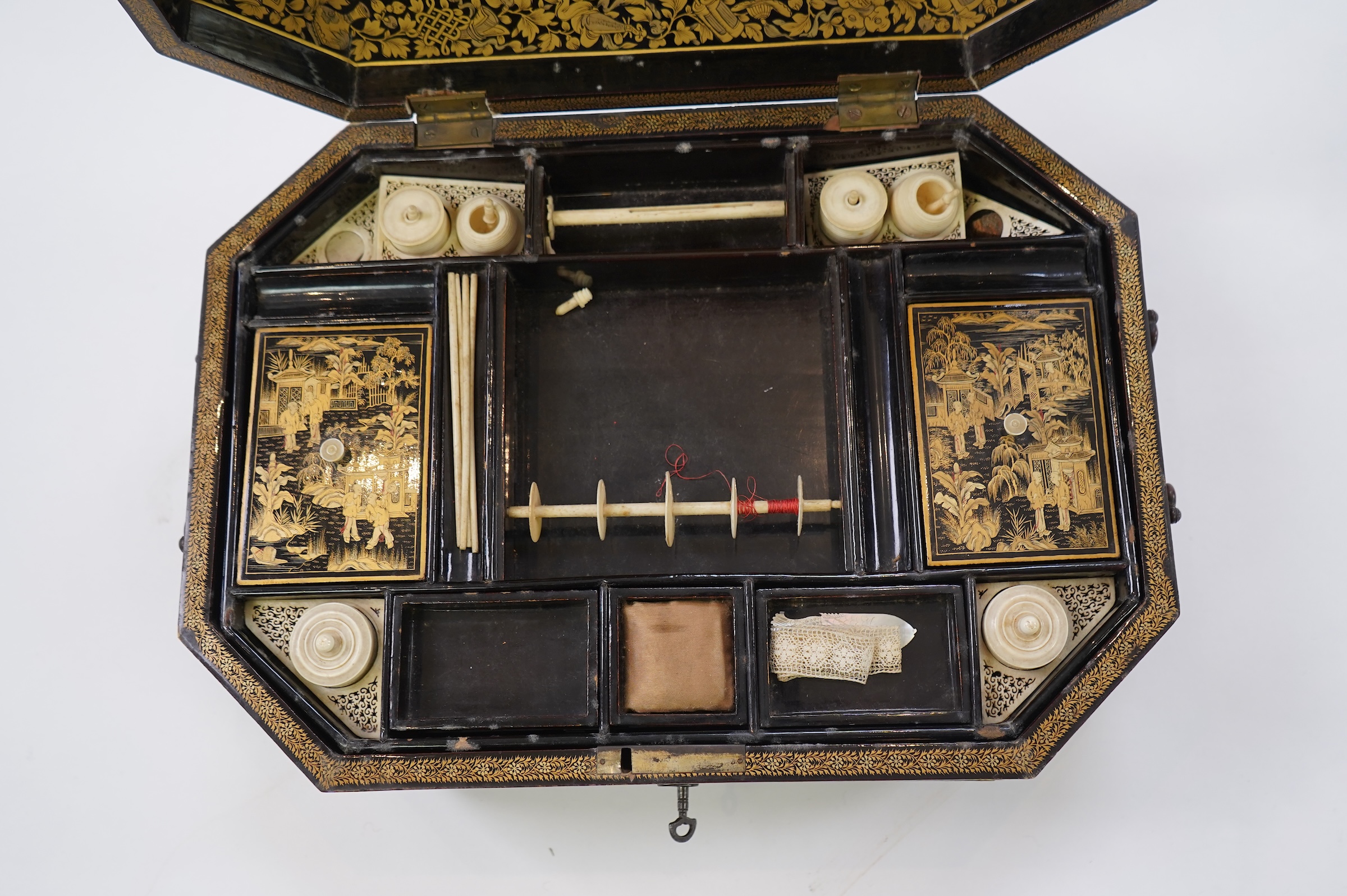 A Chinese export gilt decorated black lacquer sewing box, 19th century